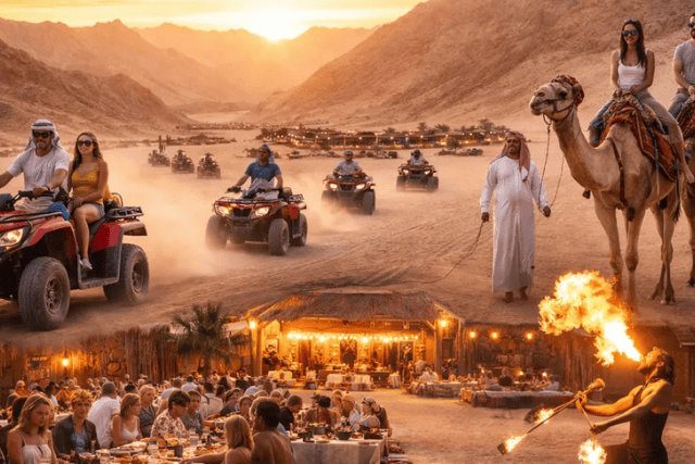 Sharm El Sheikh Sunset Desert Safari with Hotel Transfer – Quad Bike, Camel Ride, Bedouin Dinner.